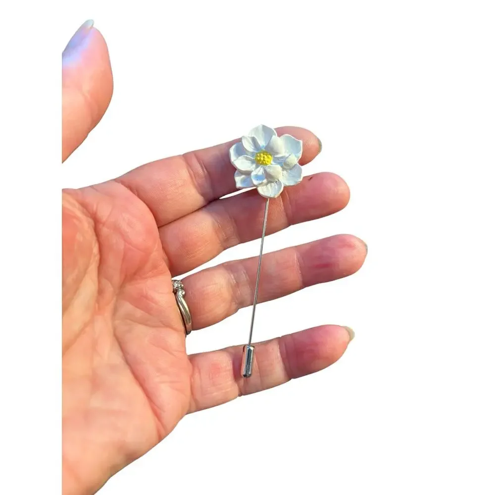 Handmade White Flower Stick Pin Vintage 1994 Floral Lapel Hat Brooch Cottagecore